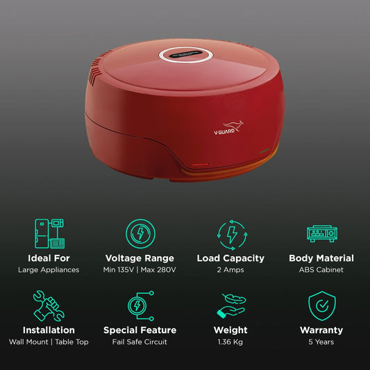 V-GUARD 2 Amps Voltage Stabilizer For 300 Litres Refrigerator,135 - 280 V, Fail Safe Circuit Protection, VG 50(Red/White)