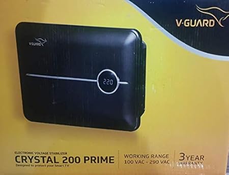 V-Guard Crystal 200 Prime Digital TV Stabilizer (6A) | 100V-290V Range, 4-6s Time Delay | For 80"+ Smart TVs & Home Theatres