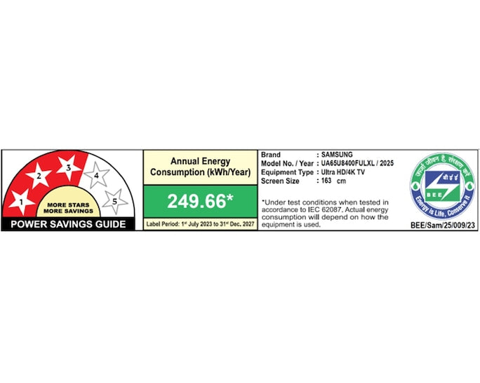 Samsung|165.1 cm 65" 4K UHD LED Smart TV | Crystal Processor 4K | HDR & HDR10+ | Motion Xcelerator | OTS Lite & Q-Symphony Audio | Gaming Features (ALLM, VRR, HGiG) |Tizen OS | Bixby, Alexa |Bluetooth 5.2 |3 HDMI & 1 USB-UA65U8400FULXL