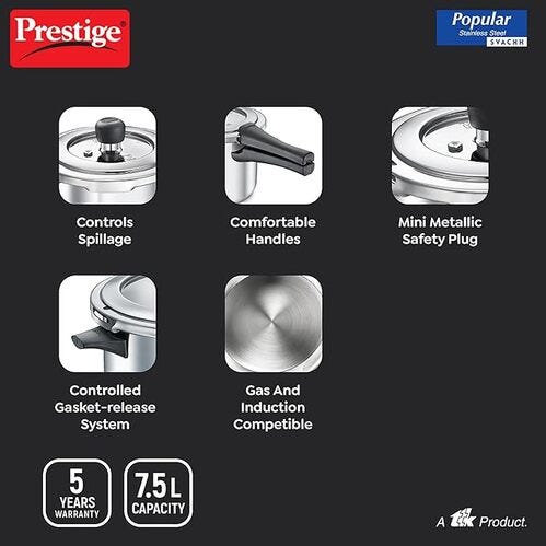 Prestige Popular Svachh Stainless Steel Pressure Cooker, 7.5 Litre - Spillage Control Outer Lid, Durable SS Body, Model: 20174 (Non-Induction Base)