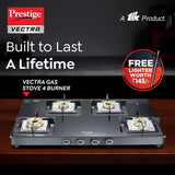 Prestige Vectra 4 Burner Glasstop Gas Stove|Superior Toughened Glass|Jumbo Brass Burner|3-Way Gas Inlet|360 Degree Revolving Nozzle -40591