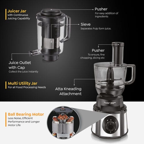 Prestige Endura Pro 1000 W Juicer Mixer Grinder  (Pro with Ball Bearing-Multi Functional food processing attachments Watts | 6 Jars | Black, Silver)-42561