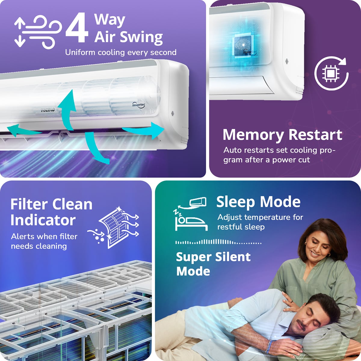Voltas 1.5 Ton 5 Star Inverter Split AC (185INV Vertis Elite) | 6 Step Adjustable Mode, 5050W Cooling, 100% Copper, 4-Way Swing, Ice Wash Technology, Anti-Corrosive Gold Fin, High Ambient Cooling up to 52°C