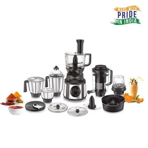 Prestige Endura Pro 1000 W Juicer Mixer Grinder  (Pro with Ball Bearing-Multi Functional food processing attachments Watts | 6 Jars | Black, Silver)-42561