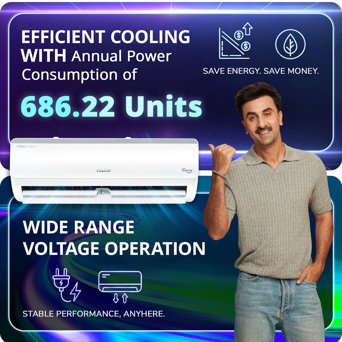 Voltas 1.5 Ton 5 Star Inverter Split AC (185INV Vertis Elite) | 6 Step Adjustable Mode, 5050W Cooling, 100% Copper, 4-Way Swing, Ice Wash Technology, Anti-Corrosive Gold Fin, High Ambient Cooling up to 52°C