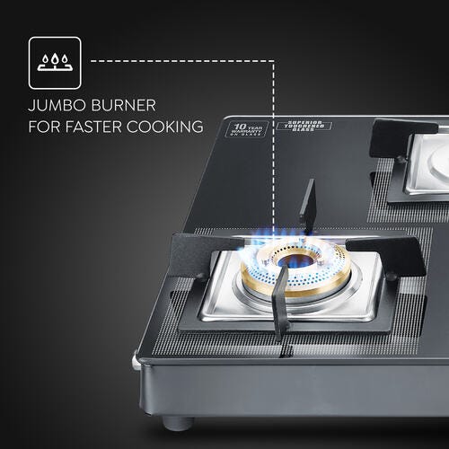 Prestige Vectra 4 Burner Glasstop Gas Stove|Superior Toughened Glass|Jumbo Brass Burner|3-Way Gas Inlet|360 Degree Revolving Nozzle -40591
