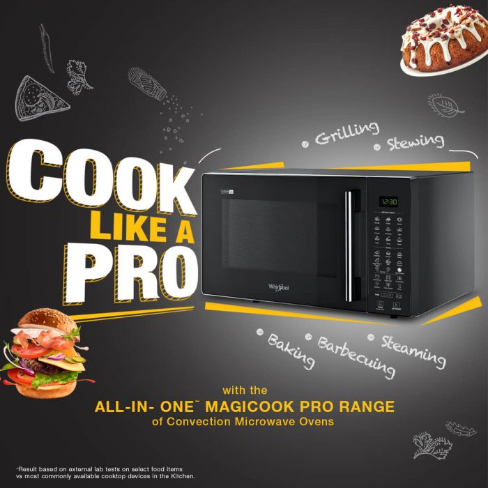 Whirlpool 20L Convection Microwave Oven with Smart Fry & 118 IntelliCook Menus (Black,Zero Oil Cooking, Stainless Steel Cavity, Feather Touch Control)- 50051