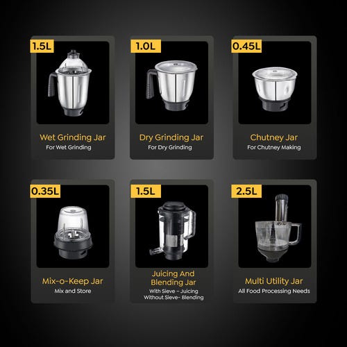 Prestige Endura Pro 1000 W Juicer Mixer Grinder  (Pro with Ball Bearing-Multi Functional food processing attachments Watts | 6 Jars | Black, Silver)-42561