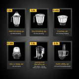 Prestige Endura Pro 1000 W Juicer Mixer Grinder  (Pro with Ball Bearing-Multi Functional food processing attachments Watts | 6 Jars | Black, Silver)-42561