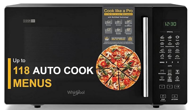 Whirlpool 20L Convection Microwave Oven with Smart Fry & 118 IntelliCook Menus (Black,Zero Oil Cooking, Stainless Steel Cavity, Feather Touch Control)- 50051