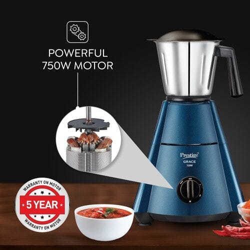 Prestige Grace 750W Mixer Grinder with 3 Durable Stainless Steel Jars | Tough ABS Plastic Body | 230V | High-Performance Grinding for Wet & Dry Ingredients- Model: 43152