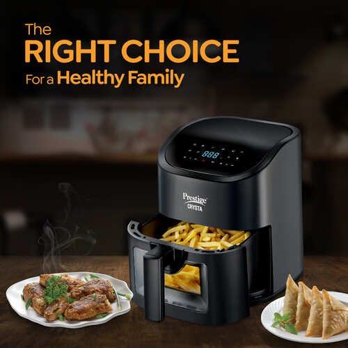Prestige Crysta 4.5L Digital Air Fryer (1600W) with See-Through Window | 9 Preset Menus, Touch Control, Non-Stick Frying Basket & Safety Interlock | Includes Food-Grade Oil Brush, Ideal for Baking, Grilling, Roasting-41409