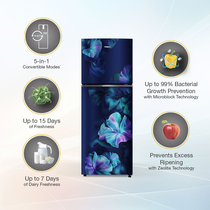 Whirlpool Neofresh 235L 2 Star Frost Free Double-Door Refrigerator | Sapphire Silk Premium Finish | Advanced Auto-Defrost Cooling Technology | High-Efficiency Reciprocating Compressor | 22321