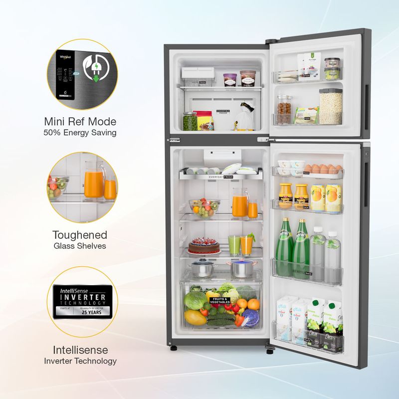 Whirlpool 235 L 2 Star Frost Free Double Door Refrigerator Gravity Black Finish | Frost Free Cooling | Convertible Mode | Inverter Compressor | Toughened Glass Shelves | Portable Ice Twister | External UI Display | Auto Connect to Home Inverter-22340