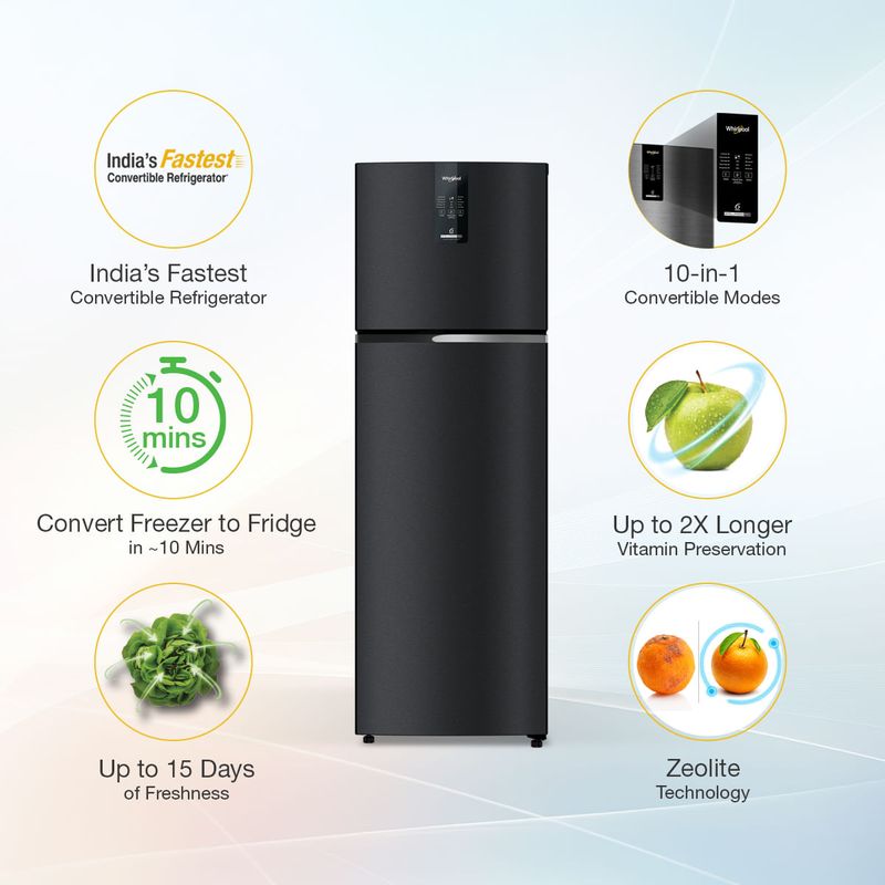 Whirlpool 235 L 2 Star Frost Free Double Door Refrigerator Gravity Black Finish | Frost Free Cooling | Convertible Mode | Inverter Compressor | Toughened Glass Shelves | Portable Ice Twister | External UI Display | Auto Connect to Home Inverter-22340