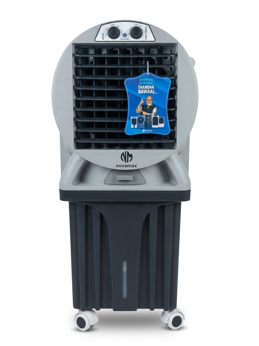 Novamax Titan 25L Personal Air Cooler | 1200 m3/h Air Delivery, 30ft Air Throw, 9-Inch Fan, 4-Way Cooling with Motorized Vertical Louvers, Inverter Compatible, Mosquito Free Design, Garden Hose Connection