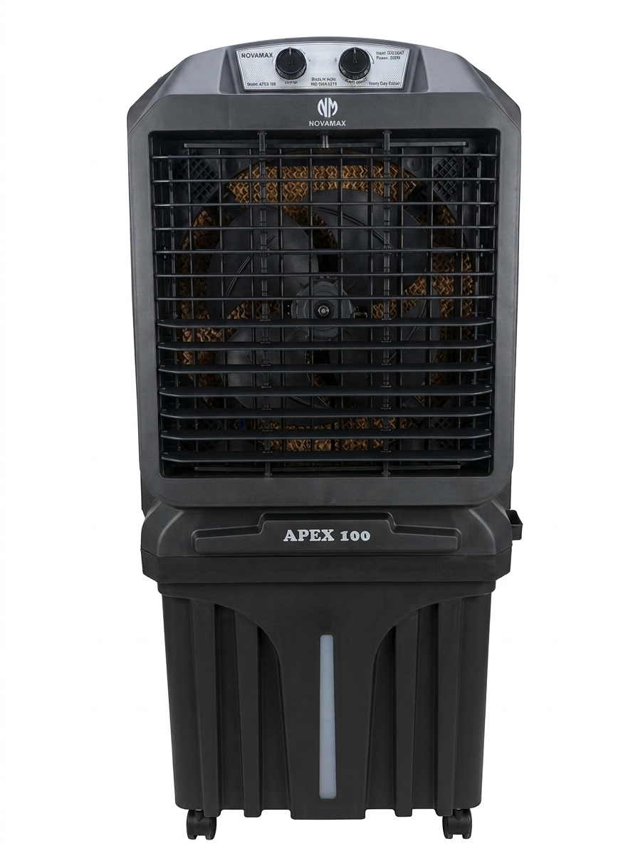 Novamax Apex 100L Desert Air Cooler | 3-Side Honeycomb Cooling Pads, Powerful 4200m3/h Air Delivery, 16-Inch Fan, 30ft Air Throw, Inverter Compatible, Mosquito Free Design, Garden Hose Connection, 4-Way Cooling Motorized Louvers