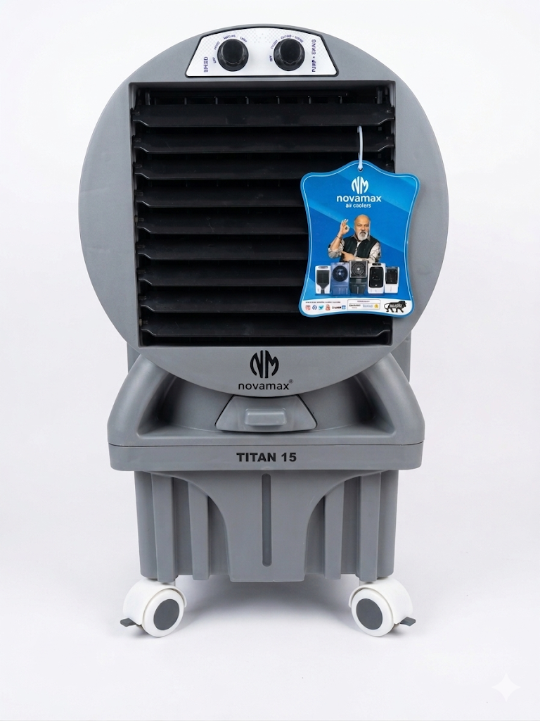 Novamax Titan 15L Personal Air Cooler | 1200 m3/h Air Delivery, 30ft Air Throw, 9-Inch Fan, 4-Way Cooling with Motorized Vertical Louvers, Inverter Compatible, Mosquito Free Design, Garden Hose Connection