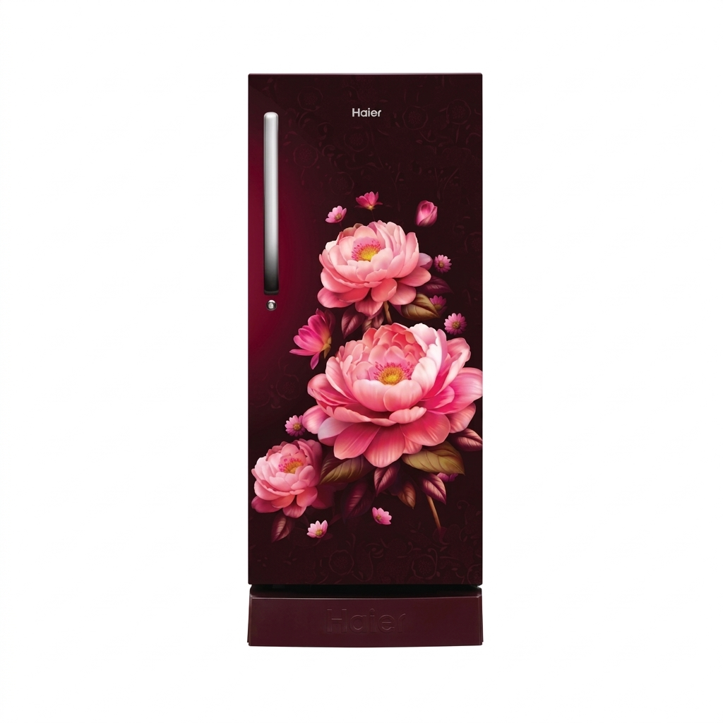 Haier 190L 5-Star Inverter Direct Cool Single Door Refrigerator with Flower Finish, Toughened Glass Shelves, and External Handle-(Red Blossom, HRD-2105PRBA-P)