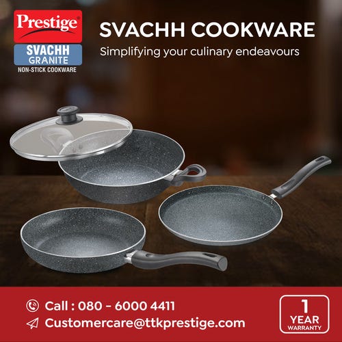 Prestige Svachh Granite Non-Stick 3-Piece Cookware Set (Omni Tawa 28cm, Kadai with Glass Lid 24cm, Fry Pan 24cm) Dual Non-Stick Coating, Metal Spoon Friendly, Gas & Induction Compatible, Aluminum, Induction Base, Made in India, Grey
