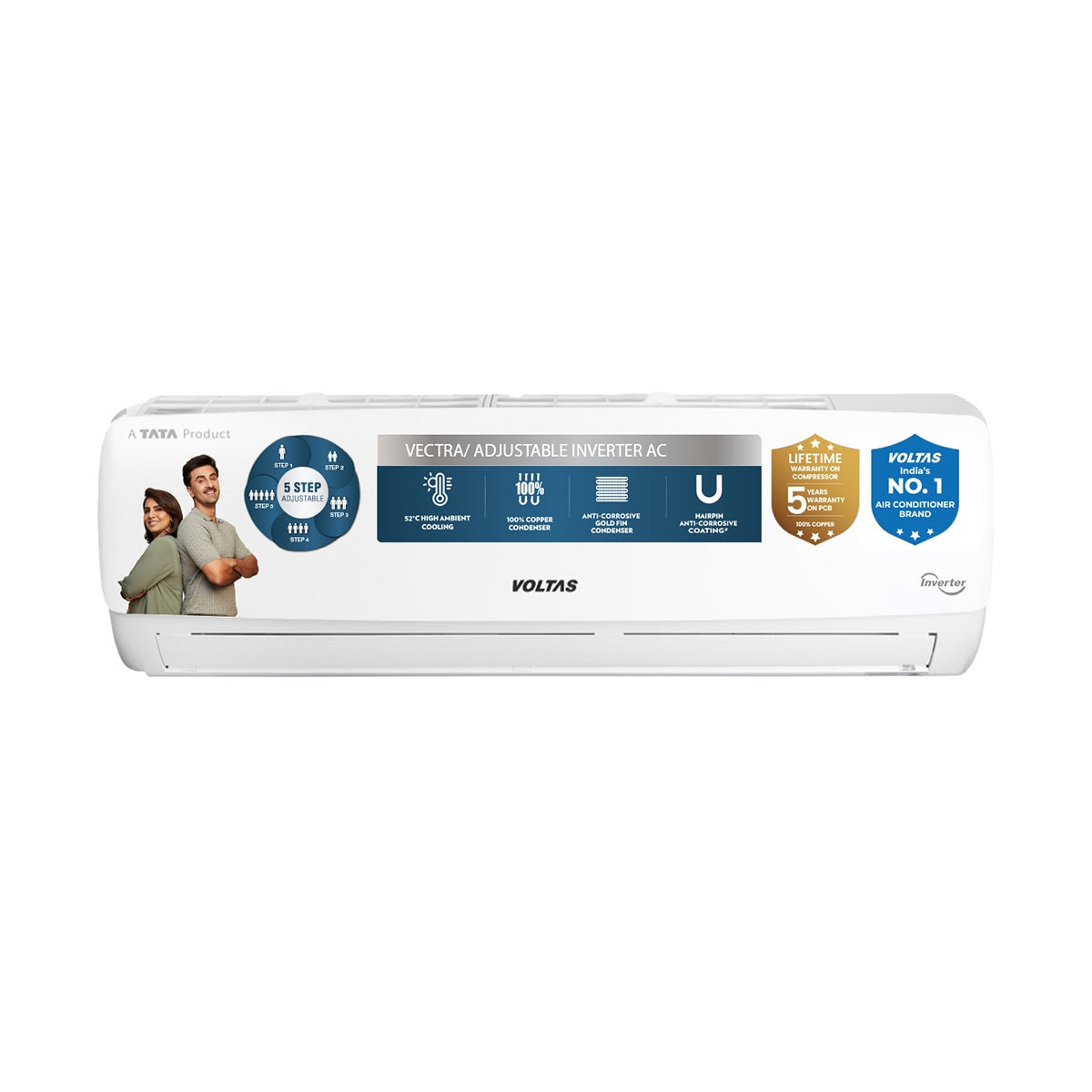 Voltas Adjustable Inverter Split AC 1.5 Ton 5 Star (185V Vectra Elegant, 100% Copper, 4-in-1 Adjustable Mode, Anti-Microbial Coating, R32 Refrigerant, High Ambient Cooling at 52°C, Stabilizer Free Operation, White)