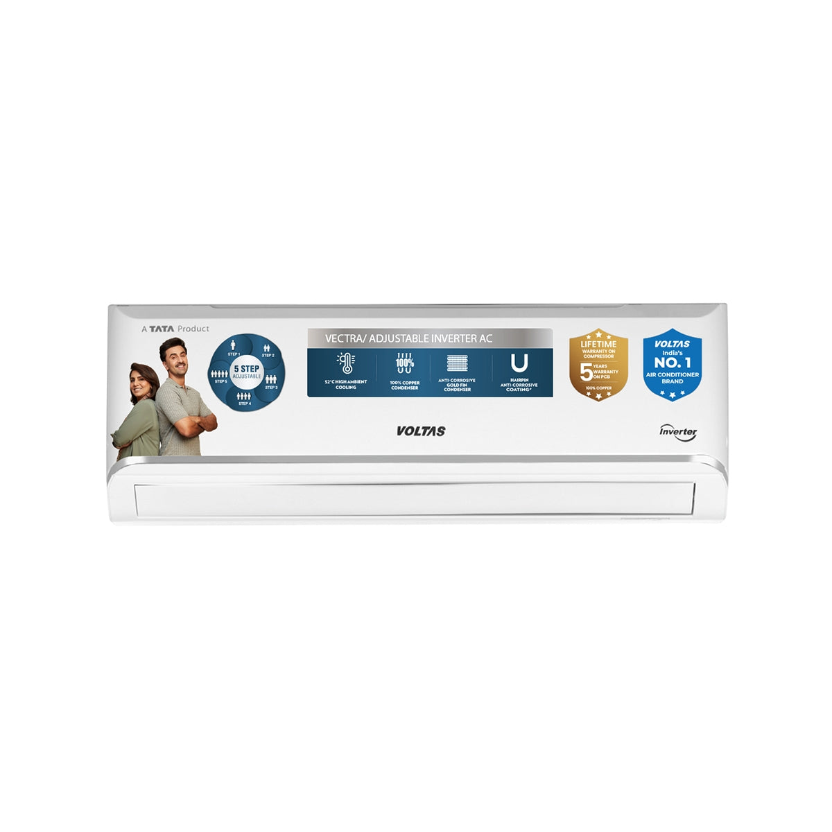 Voltas 1.5 Ton 3 Star Inverter Split AC (183V Vectra Zen Silver, White) | 4-Step Adjustable Mode (0.7/1/1.2/1.5) | Anti-Microbial Air Filtration | 100% Copper | Stabilizer Free (110V - 285V) | Max Cooling 5200W | Self Diagnosis | R32
