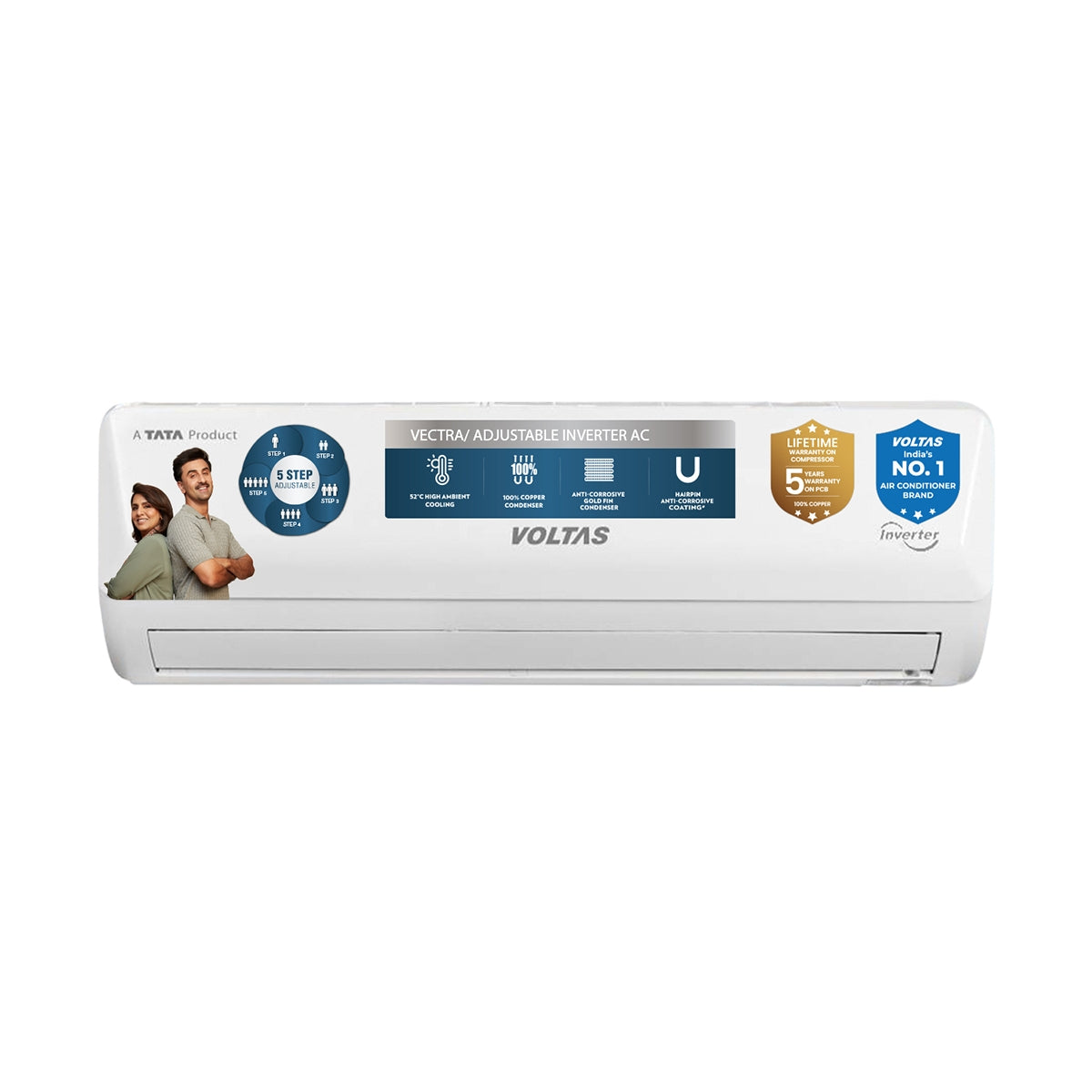Voltas 1 Ton 3-Star Inverter Split AC (123INV VECTRA EMERALD, Max 3326W Cooling, Convertible 5-in-1, Anti-Dust Filter with Anti-Microbial Coating, Auto Clean, Sleep Mode, R-32 Refrigerant, Max 52°C Ambient Temperature, White)