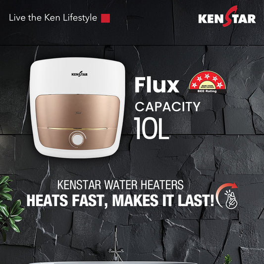 KENSTAR Flux 10L Storage Water Heater (Geyser) with German Blue Sapphire Technology | 8 Bar Pressure | SwirlHeat for 20% More Hot Water | PUF Insulation & 7-Level Safety Shield | Vertical Mount