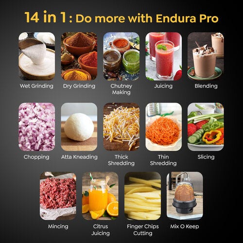 Prestige Endura Pro 1000 W Juicer Mixer Grinder  (Pro with Ball Bearing-Multi Functional food processing attachments Watts | 6 Jars | Black, Silver)-42561