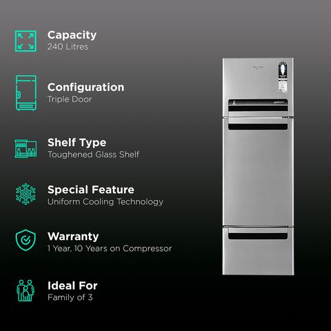 Whirlpool 215 L Frost Free Triple Door Refrigerator with 6th Sense ActiveFresh Technology, Reciprocatory Compressor, and Dedicated Fruit/Vegetable Zone (Alpha Steel)-20807