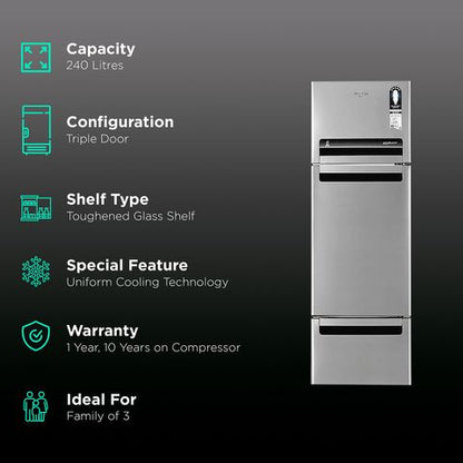 Whirlpool 215 L Frost Free Triple Door Refrigerator with 6th Sense ActiveFresh Technology, Reciprocatory Compressor, and Dedicated Fruit/Vegetable Zone (Alpha Steel)-20807