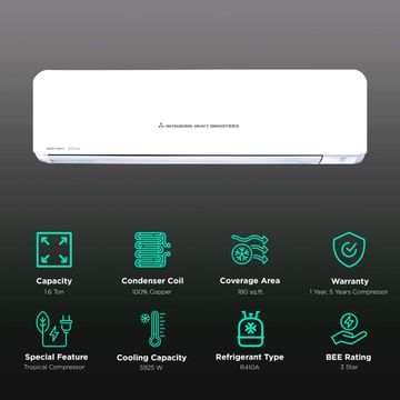 Mitsubishi Heavy 1.6 Ton 3 Star Fixed Speed Split AC (Copper Condenser, R-410a Refrigerant, White) - Powerful 5925W Cooling with Jet Air Flow & Anti-Bacterial Filter for Rooms up to 150 Sq. Ft-SRK20CSS-S6