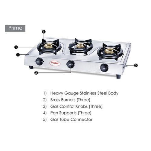 Prestige Prime Stainless Steel Gas Stove | 3 High-Efficiency Brass Burners | ISI Certified | Manual Ignition | Heavy Gauge Stainless Steel Body | Spill-Proof Design | Tri-Pin Burners | Silver -40212
