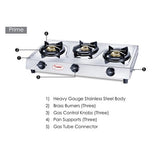 Prestige Prime Stainless Steel Gas Stove | 3 High-Efficiency Brass Burners | ISI Certified | Manual Ignition | Heavy Gauge Stainless Steel Body | Spill-Proof Design | Tri-Pin Burners | Silver -40212