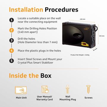 V-Guard STAB- CRYSTAL PLUS 3A Voltage Stabilizer for Smart/LED TV (Up to 140cm/55"), Set Top Box, Home Theatre/Gaming Console - Wide Range (90-290V), ABS Cabinet,without display