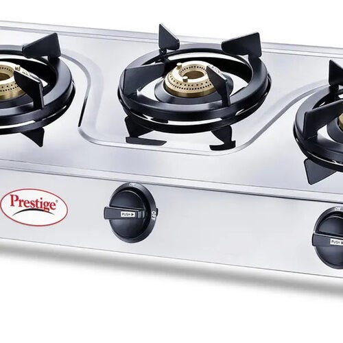 Prestige Prime Stainless Steel Gas Stove | 3 High-Efficiency Brass Burners | ISI Certified | Manual Ignition | Heavy Gauge Stainless Steel Body | Spill-Proof Design | Tri-Pin Burners | Silver -40212