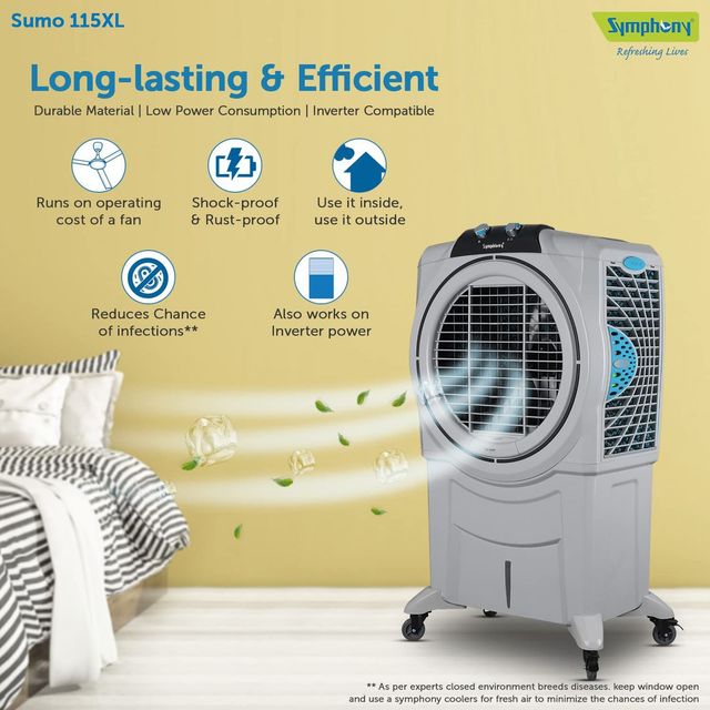 Symphony Sumo 115 XLI Desert Air Cooler with Remote For Home with Honeycomb Pads, Powerful +Air Fan, i-Pure Console and Low Power Consumption (SUMO115XL I, Grey)