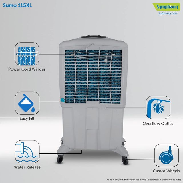 Symphony Sumo 115 XLI Desert Air Cooler with Remote For Home with Honeycomb Pads, Powerful +Air Fan, i-Pure Console and Low Power Consumption (SUMO115XL I, Grey)