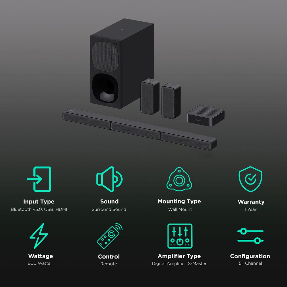 Sony Real 5.1ch Dolby Audio Soundbar  with Subwoofer & Wireless Rear Speakers, (600W) HT-S40R