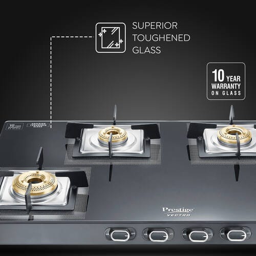Prestige Vectra 4 Burner Glasstop Gas Stove|Superior Toughened Glass|Jumbo Brass Burner|3-Way Gas Inlet|360 Degree Revolving Nozzle -40591