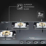 Prestige Vectra 4 Burner Glasstop Gas Stove|Superior Toughened Glass|Jumbo Brass Burner|3-Way Gas Inlet|360 Degree Revolving Nozzle -40591