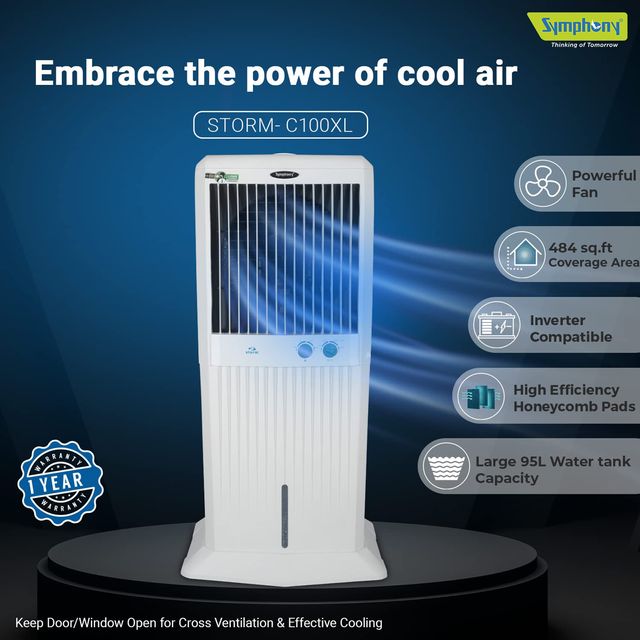Symphony Storm C-100 XL 95 Litres Tower Air Cooler (Honeycomb Pad,  White)