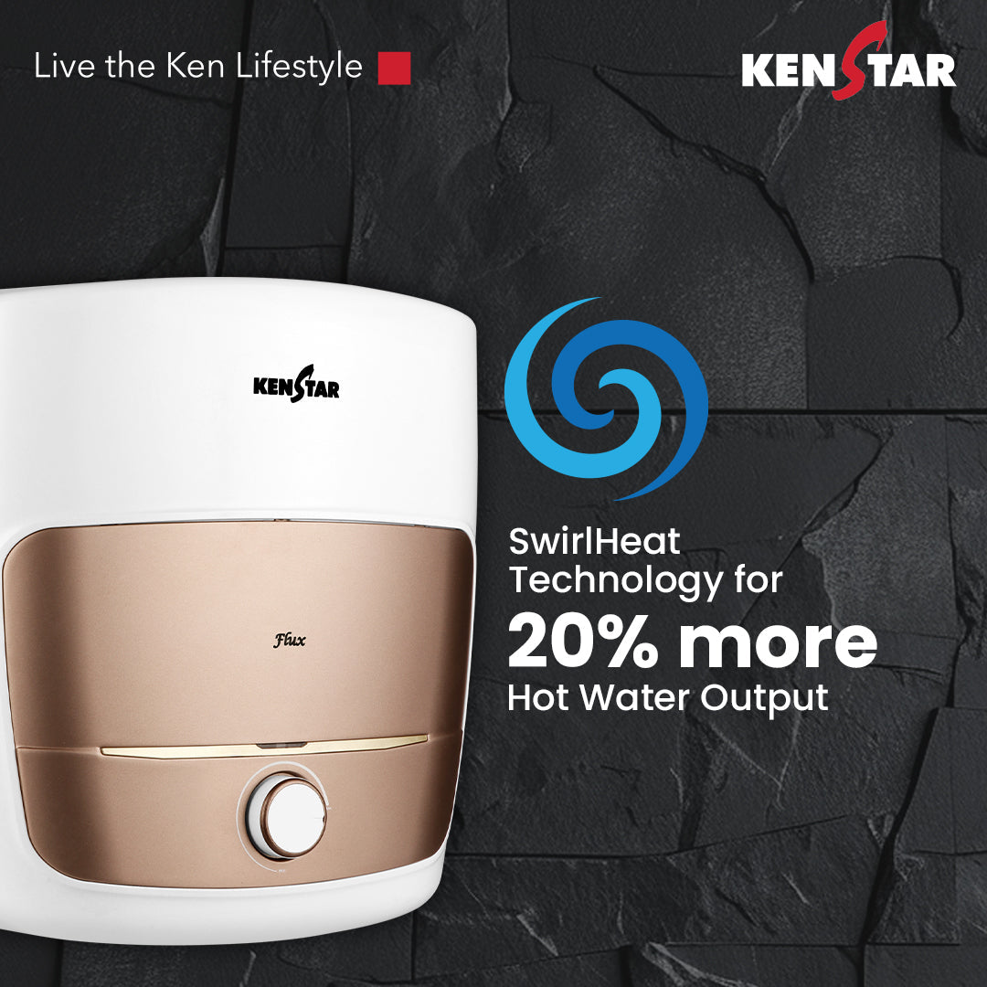 KENSTAR Flux 10L Storage Water Heater (Geyser) with German Blue Sapphire Technology | 8 Bar Pressure | SwirlHeat for 20% More Hot Water | PUF Insulation & 7-Level Safety Shield | Vertical Mount