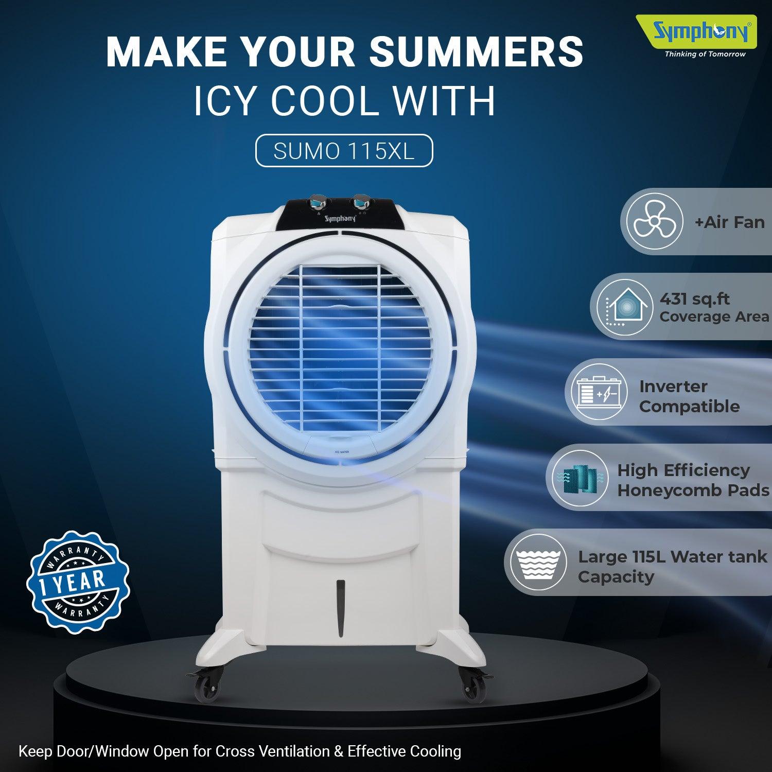 Symphony Sumo 115 XL Desert Air Cooler - 115L Capacity, High-Efficiency Honeycomb Cooling, Powerful +Air Fan, i-Pure Technology, 195W Low Power Consumption, Multi-Directional Wheels, Ideal for Rooms up to 40 sq. m (430 sq. ft)