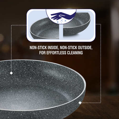 Prestige Svachh Granite Non-Stick 3-Piece Cookware Set (Omni Tawa 28cm, Kadai with Glass Lid 24cm, Fry Pan 24cm) Dual Non-Stick Coating, Metal Spoon Friendly, Gas & Induction Compatible, Aluminum, Induction Base, Made in India, Grey