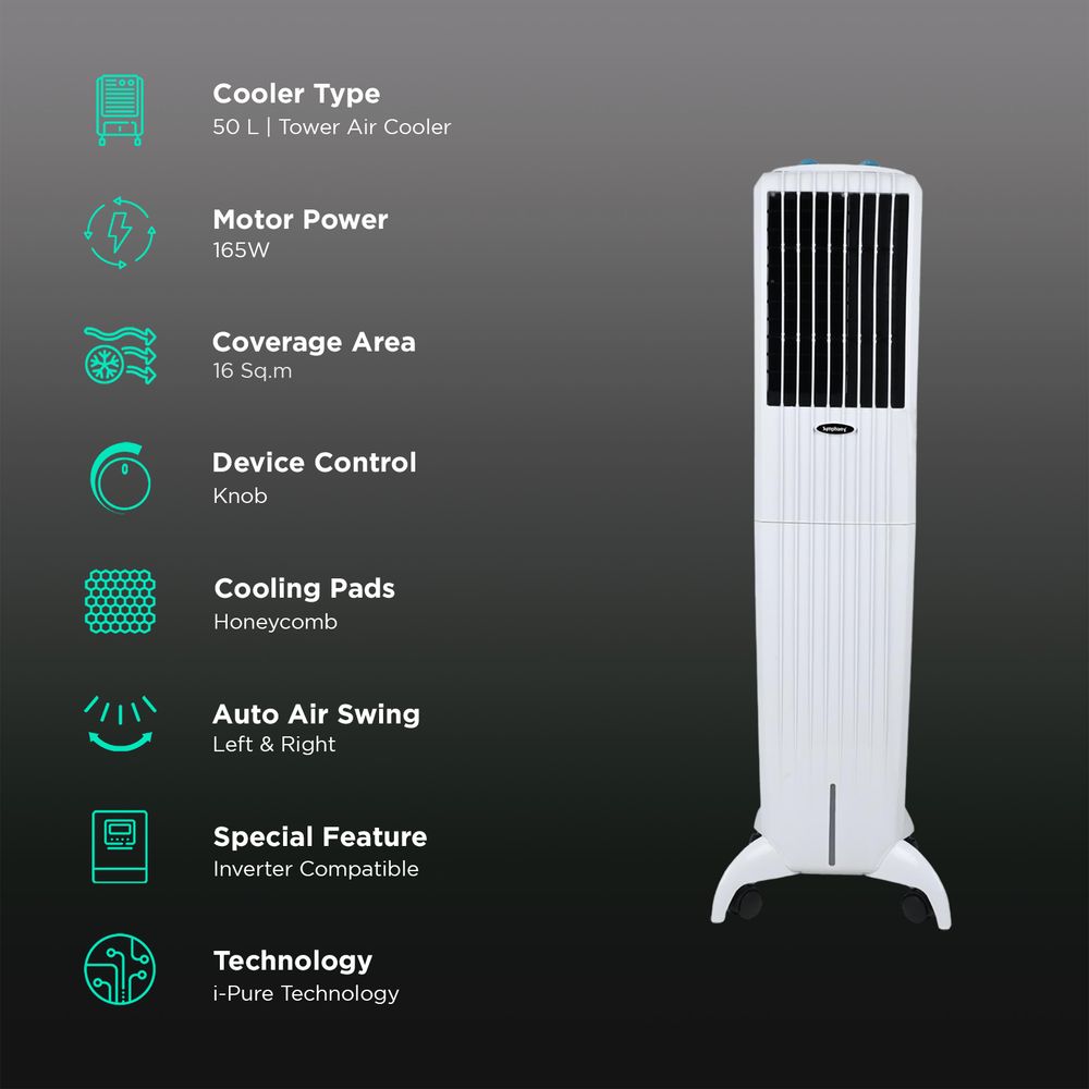 Symphony Diet 50T 50 Litres Tower Air Cooler with i-Pure Technology (Cool Flow Dispenser, White)