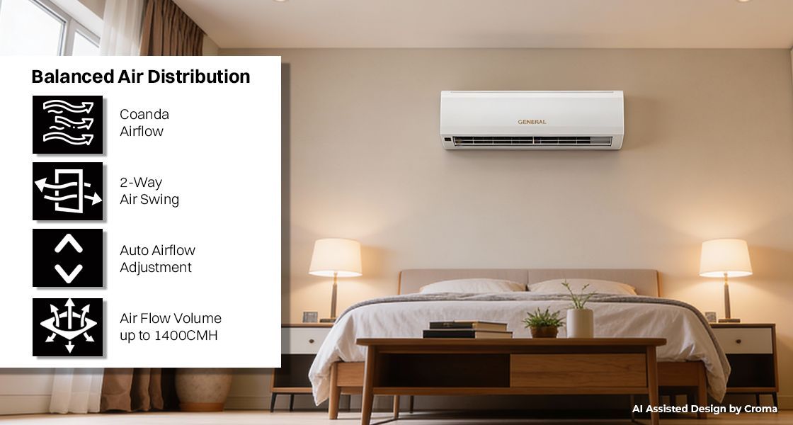 O General 1.5 Ton 2 Star Fixed Speed Split Air Conditioner | R32 Refrigerant | 100% Copper Condenser | Hyper Tropical Rotary Compressor | Coanda Airflow | Anti-Bacterial Filter | Blue Fin Coating | High Cooling @ 52°C-(ASGA18BMAA-B, White)