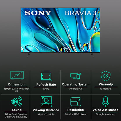 Sony BRAVIA 3 Series 75 inches ( 190.5 cm ) 4K Ultra HD AI Smart LED Google  TV with Dolby Vision Dolby Atmos  (Black)-K-75S30