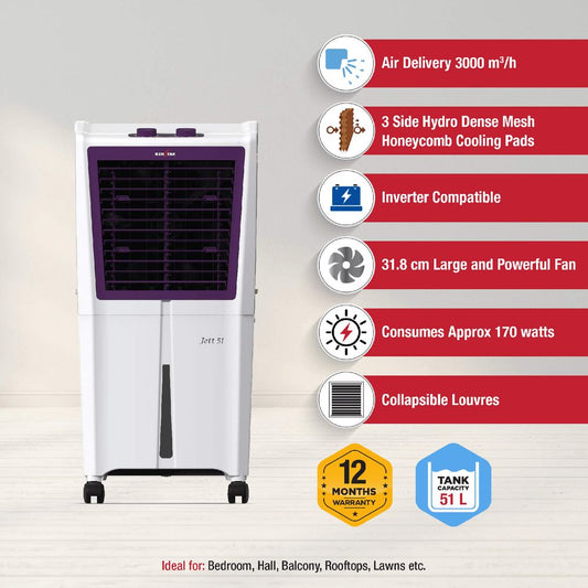 KENSTAR JETT HC 51 Litres Personal Air Cooler with Quadra Flow Technology (Collapsible Louvres, White & Purple)