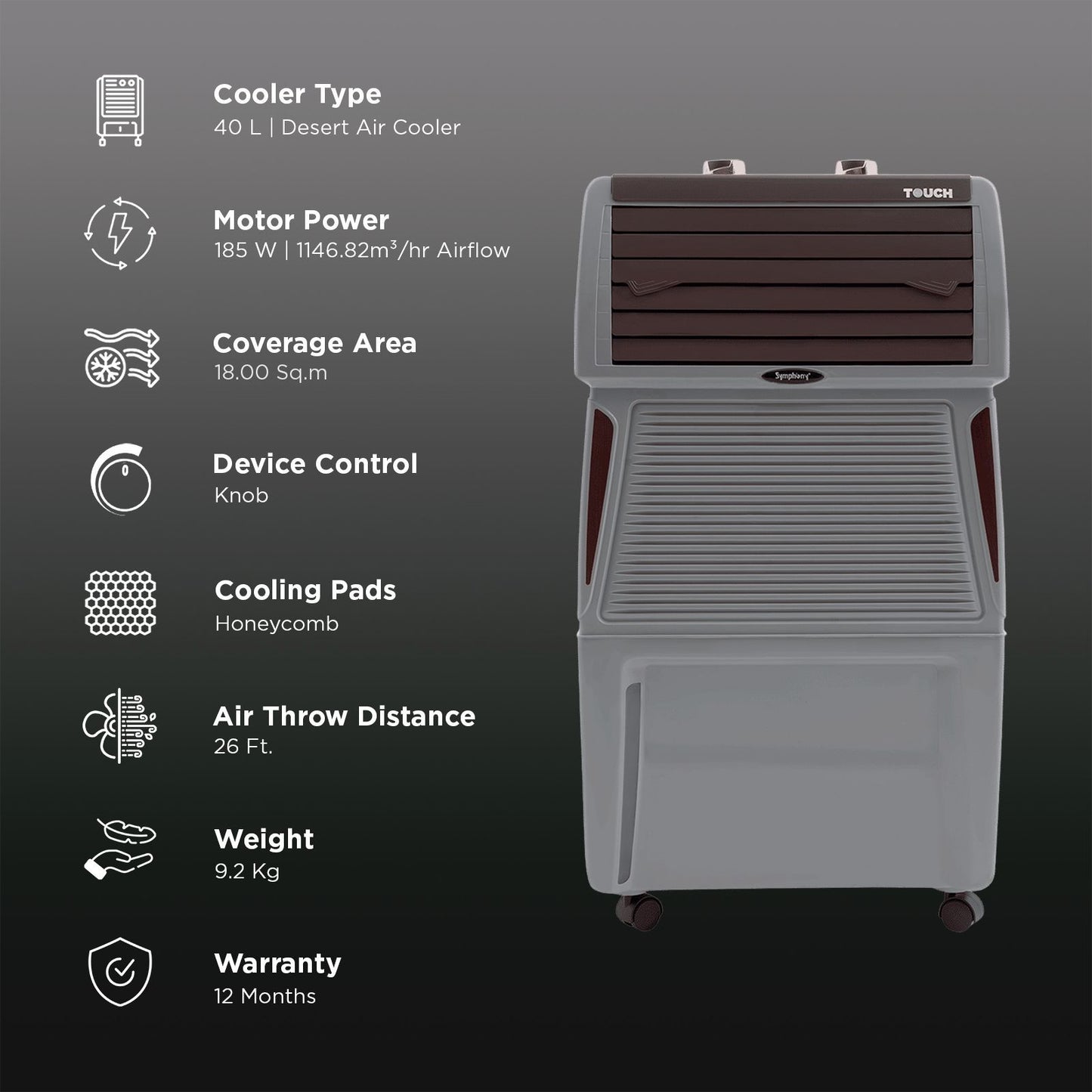 Symphony Touch 40 Room Air Cooler | High Efficiency Cooling | 185W | CFD Technology | 40L | Fully Closable Louvers | Manual Mode | Air Cooler with Wheels For Easy Mobility | White (TOUCH40)